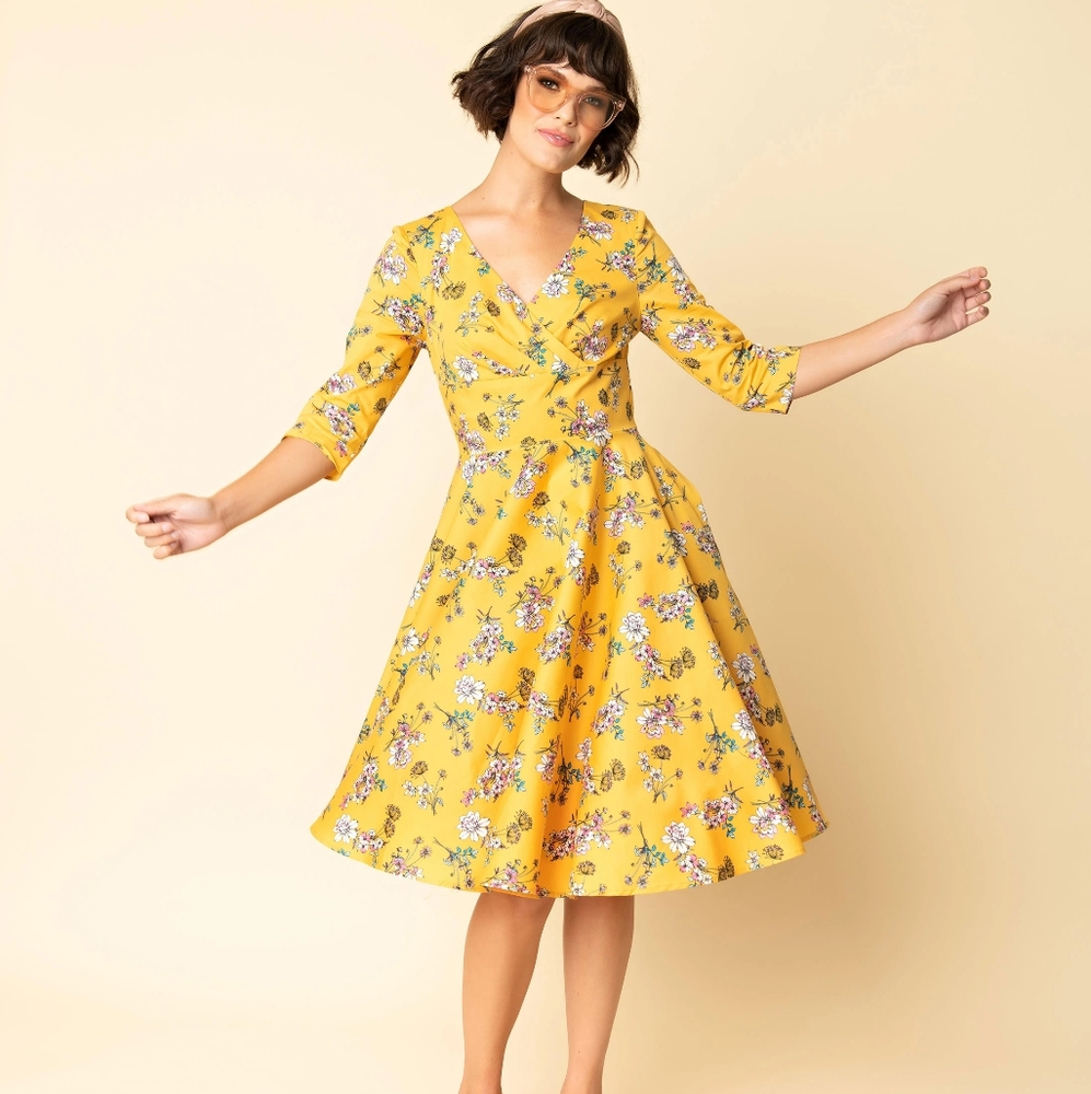 Hell Bunny Mustard Floral Muriel Swing Dress